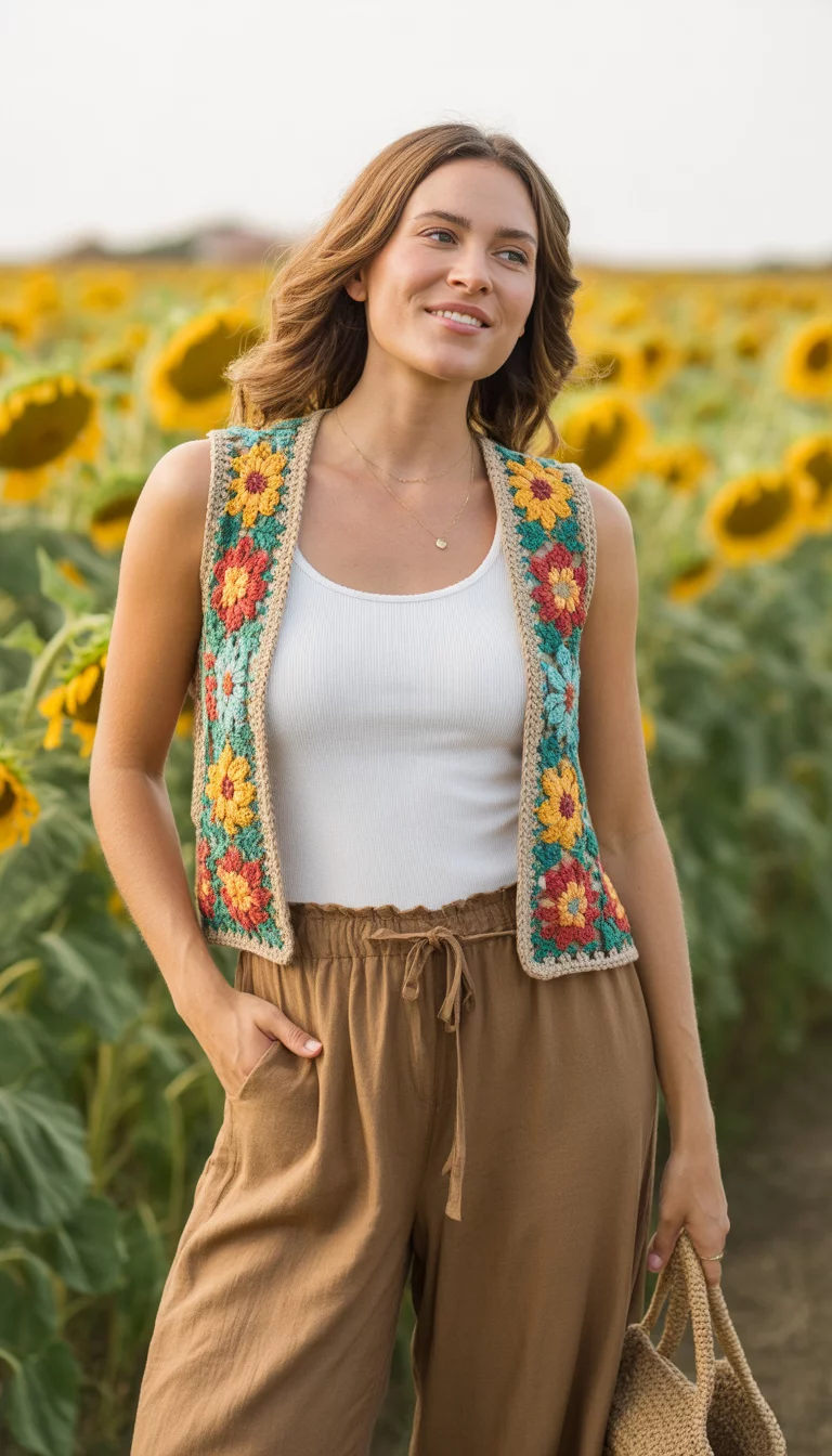 A beautiful 25-year-old woman in a colorful crochet vest with floral embroidery, white tank top, and brown wide-leg pants, she holds a straw bag outdoors.