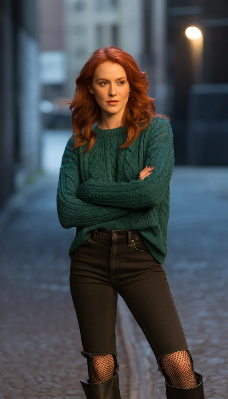A beautiful 32-year-old woman with red hair in a green cable-knit sweater, ripped black skinny jeans, black fishnets, and black leather boots.