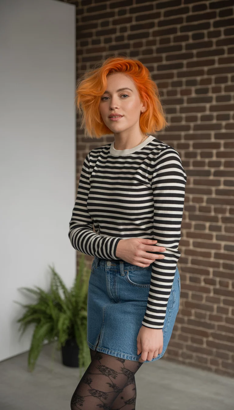 A beautiful 26-year-old woman with orange hair in a black and white striped sweater, denim mini skirt, and black patterned tights.