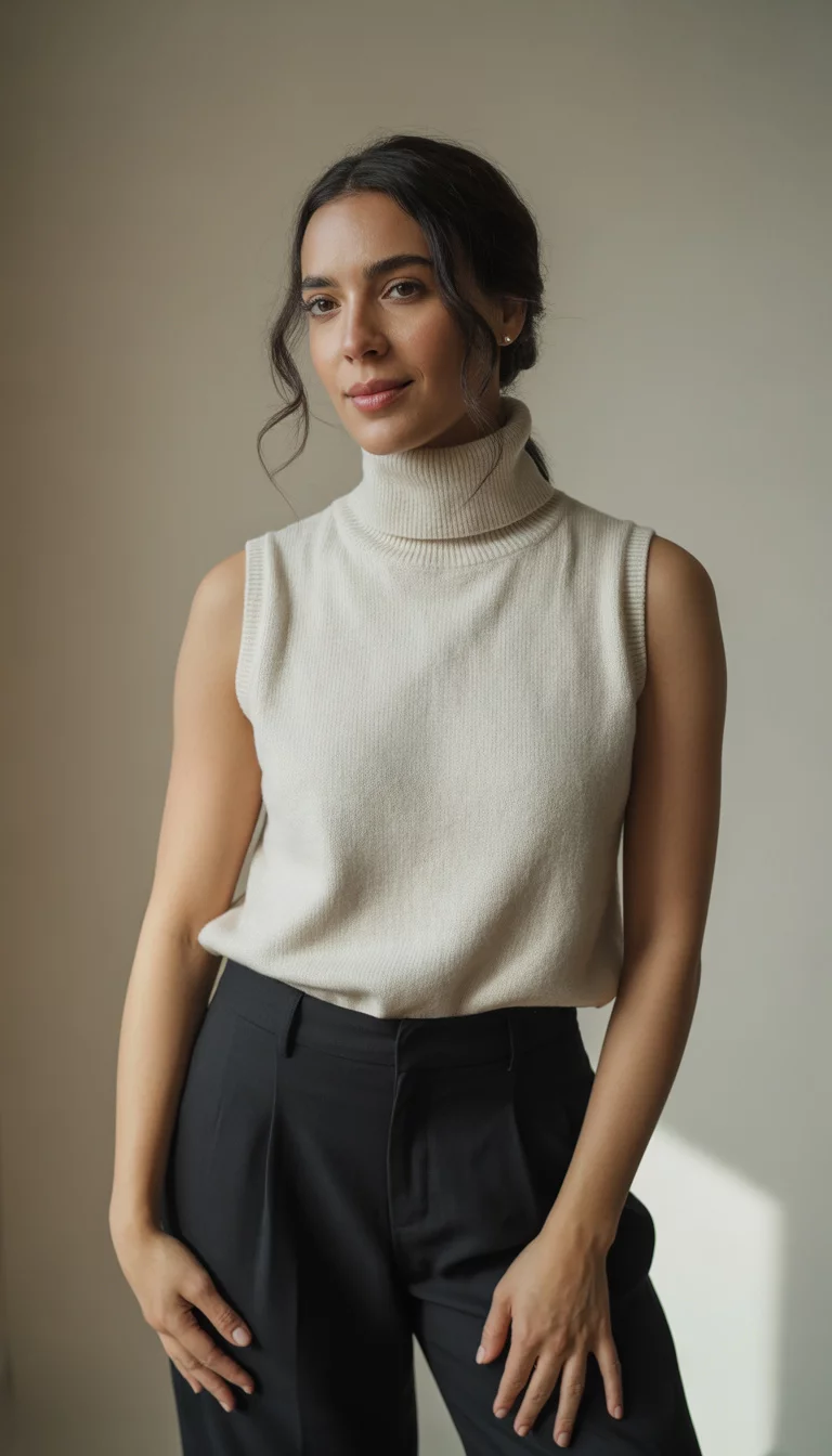 A beautiful 30-year-old woman in a cream sleeveless turtleneck sweater and high-waisted black trousers, she poses against a plain beige background.