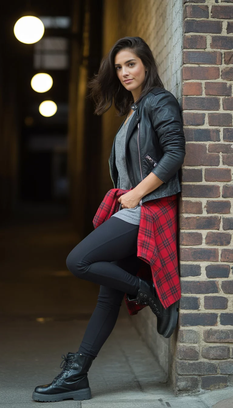 A beautiful 27-year-old woman in a black leather jacket, red plaid shirt tied around her waist, grey t-shirt, and black leggings with combat boots.