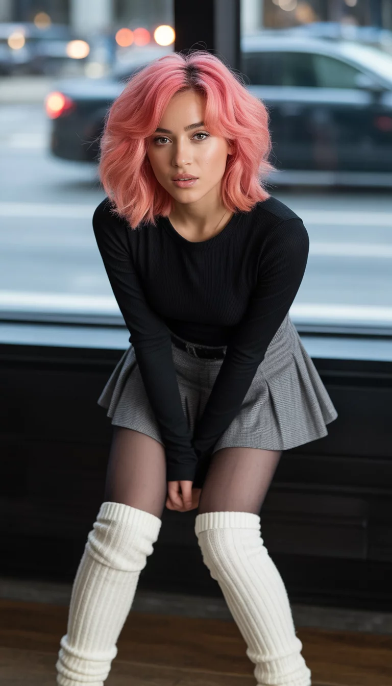 A beautiful 21-year-old woman with pink hair in a black long-sleeve top, grey pleated mini skirt, black sheer tights, and white wool leg warmers.