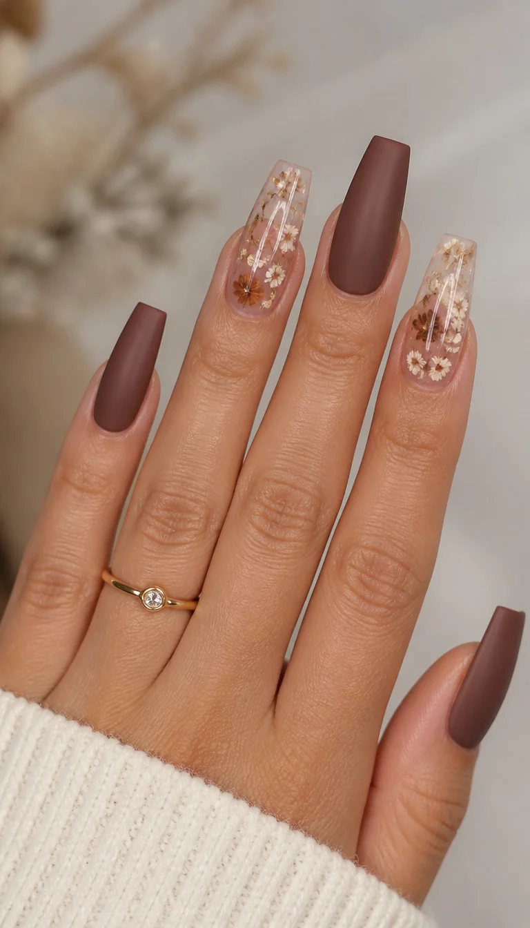 close-up shot of a woman’s hand with five fingers showing long matte brown coffin shape nails, two accent nails featuring encapsulated dried flowers inside clear acrylic, one simple gold ring on the ring finger.