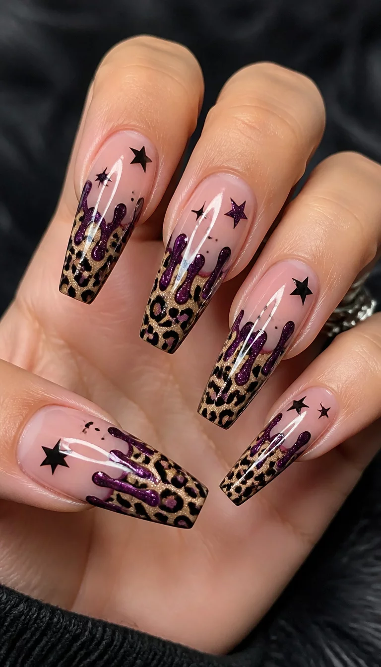 close-up shot of a woman’s hand with five fingers showing long coffin shape nails featuring leopard print, stars, and dripping dark purple accents on a French tip base.