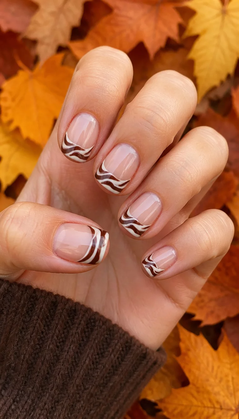 close-up shot of a woman’s hand with five fingers showing short French tips with a swirl pattern in chocolate brown and cream white, background of fallen orange and yellow autumn leaves.