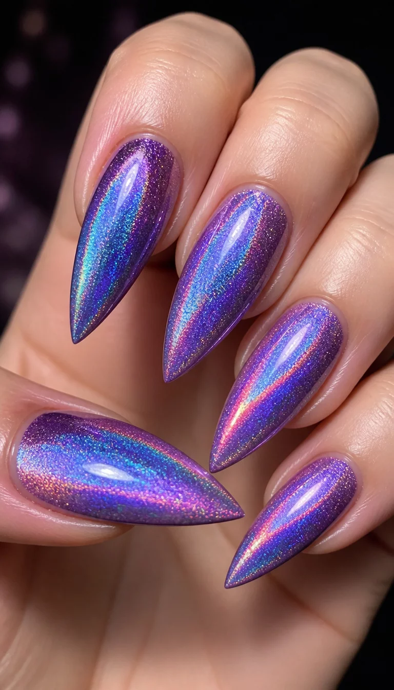 close-up shot of a woman’s hand with five fingers showing long pointed stiletto nails with a holographic shimmer transitioning from purple to blue and pink.