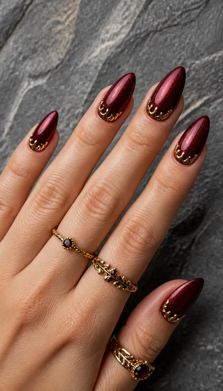 close-up shot of a woman’s hand with five fingers showing almond-shaped nails with a deep shimmering burgundy color, decorated with dripping gold rings around the nail base, textured gray stone background.