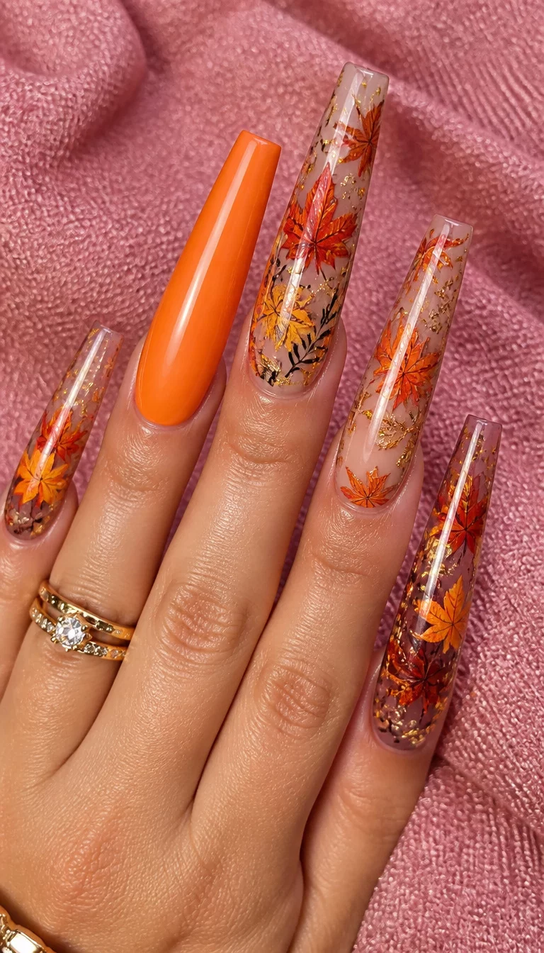 close-up shot of a woman’s hand with five fingers showing extremely long coffin-shaped nails, one nail solid bright orange and others with detailed fall leaf designs, pink textured fabric background.