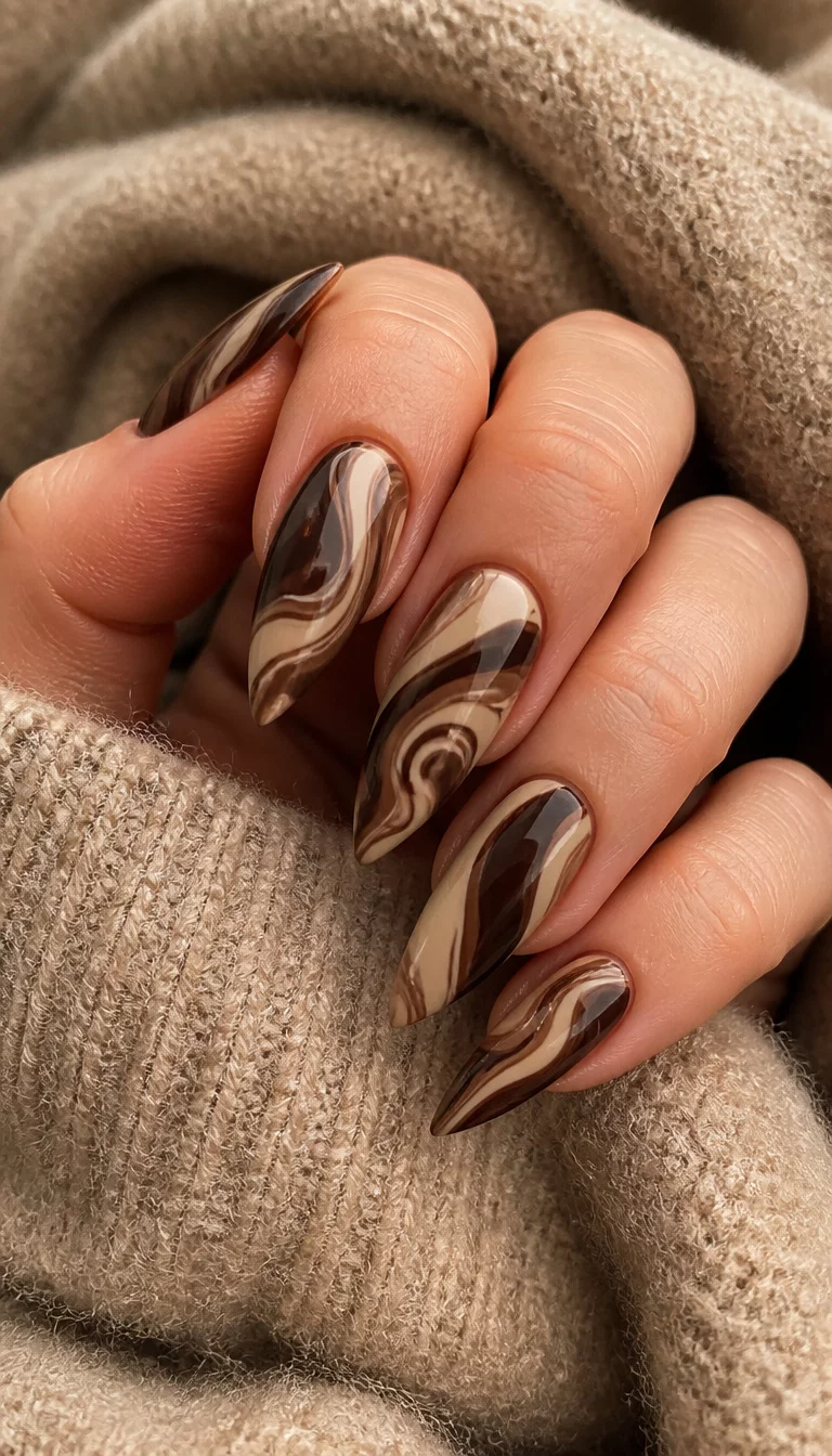 close-up shot of a woman’s hand with five fingers showing stiletto-shaped nails with a swirling abstract design in shades of dark brown and light beige, set against a fuzzy beige sweater fabric.