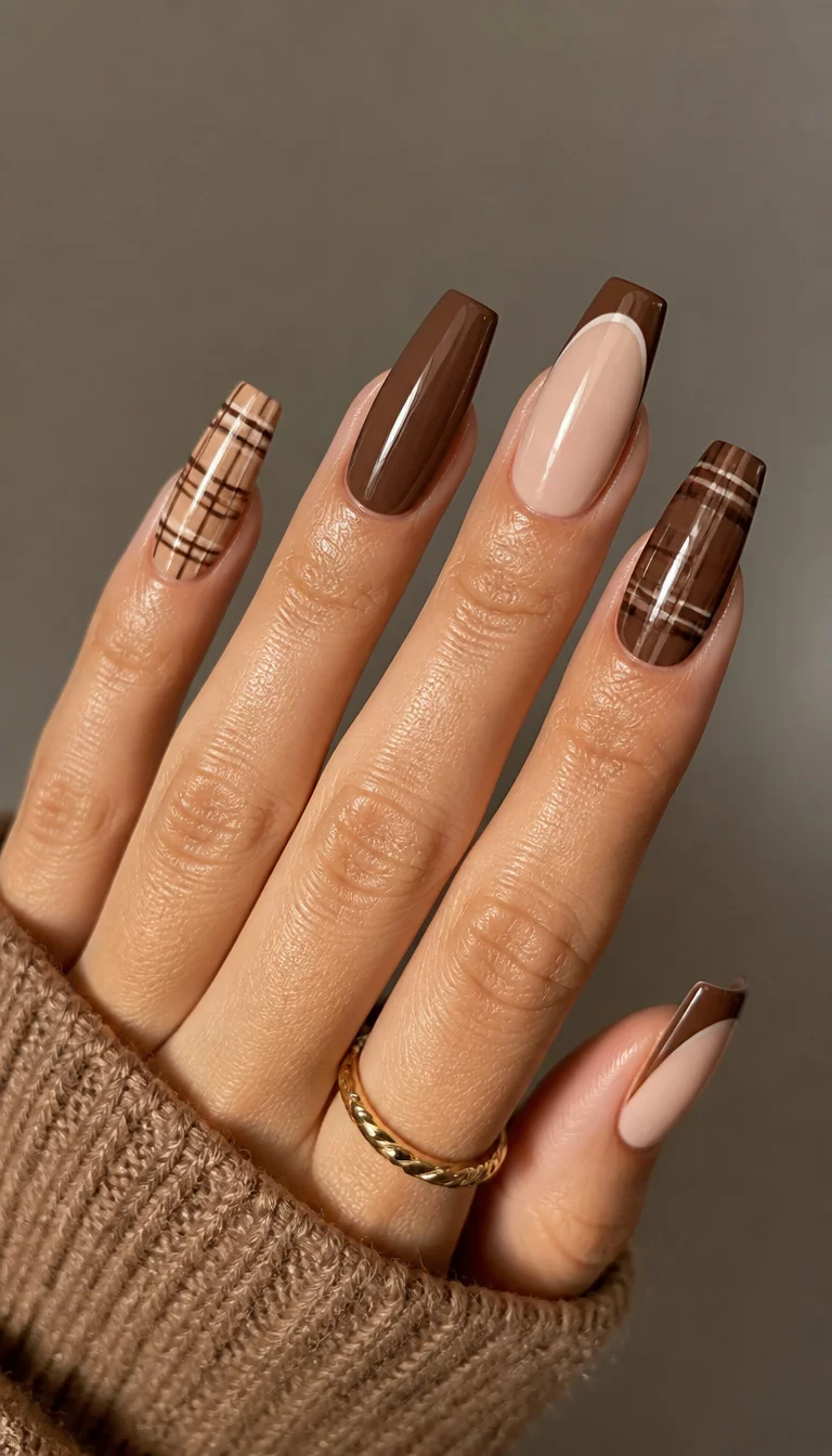 close-up shot of a woman’s hand with five fingers showing long coffin shape nails with a mix of brown plaid patterns, solid mocha brown, and French tips with brown accents.