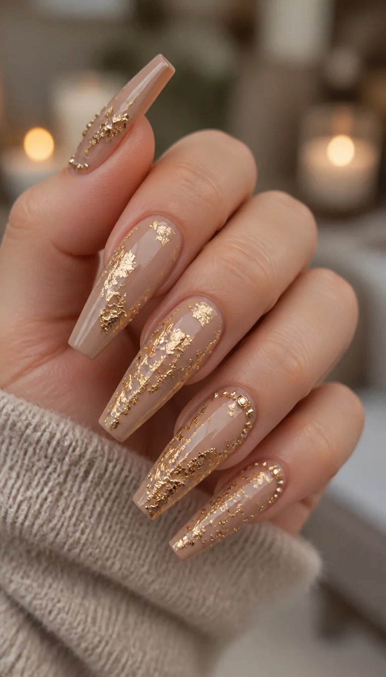 close-up shot of a woman’s hand with five fingers showing long coffin shape nails with a tan neutral base, accented with real gold leaf and sparkling gold studs, blurred background.