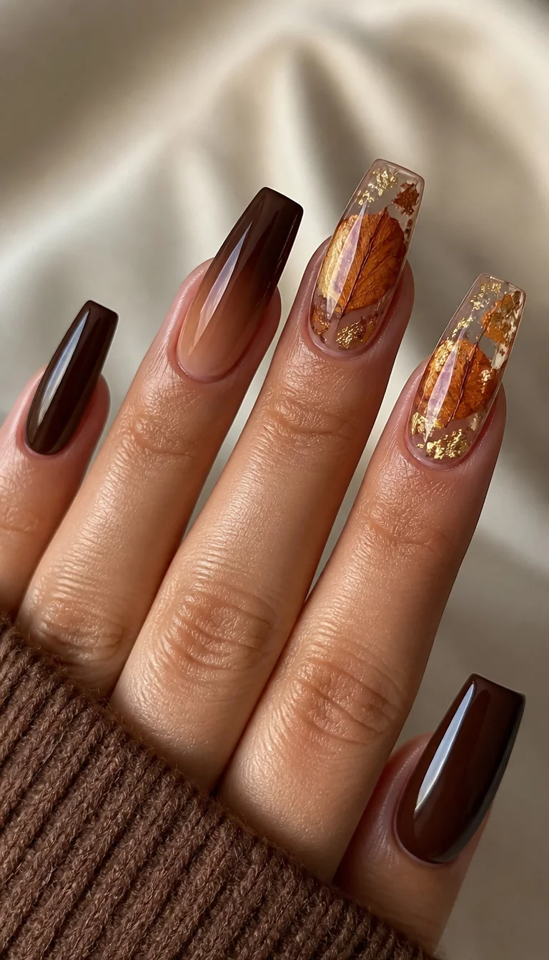 close-up shot of a woman’s hand with five fingers showing long coffin shape nails with a mix of solid chocolate brown, brown ombre, and accent nails featuring real dried orange leaves and gold flakes.