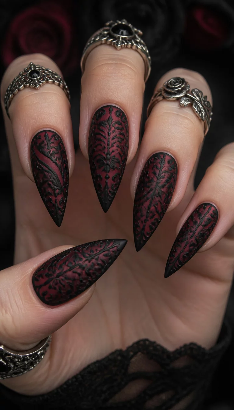 close-up shot of a woman’s hand with five fingers showing pointed stiletto nails adorned with a dark ornate floral pattern in deep red and black, several silver rings on fingers.