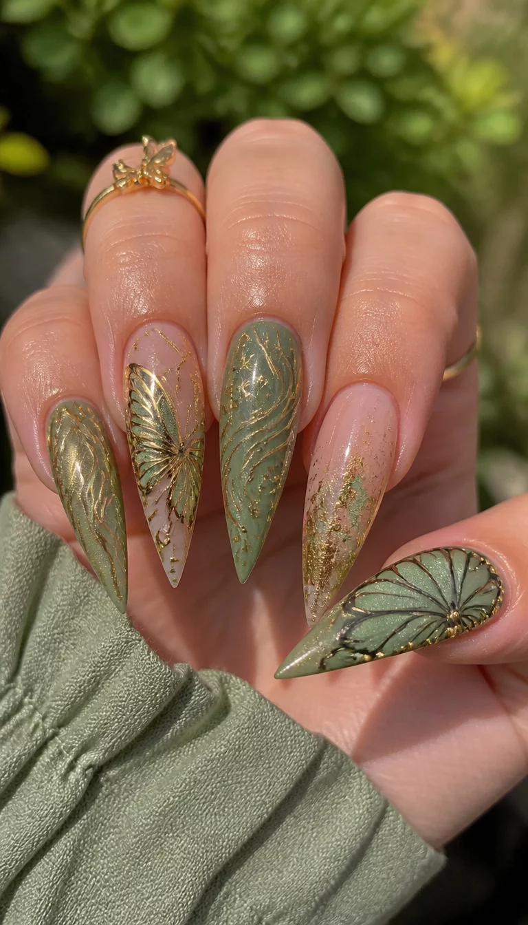 close-up shot of a woman’s hand with five fingers showing stiletto-shaped nails with intricate designs including butterfly wings and abstract patterns in gold and sage green, soft outdoor natural light.
