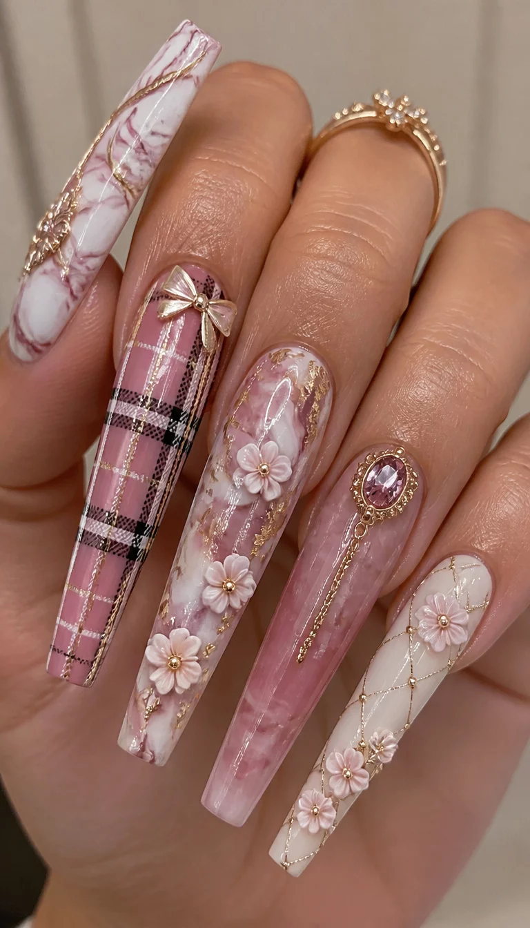 close-up shot of a woman’s hand with five fingers showing exceptionally long sculpted acrylic nails with intricate designs including marble textures, plaid patterns, and 3D floral embellishments.