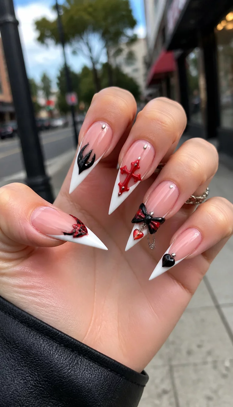 close-up shot of a woman’s hand with five fingers showing long sharp stiletto nails with French tips accented by red and black 3D designs, outdoor street scene background.