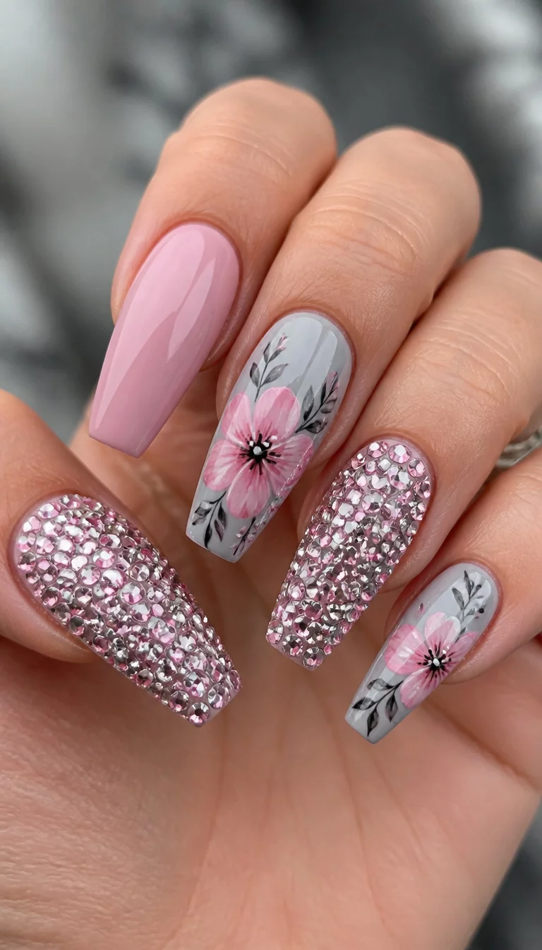 close-up shot of a woman’s hand with five fingers showing long acrylic nails, two nails covered in glittering pink and silver rhinestones, two nails with pink and gray hand-painted floral designs.