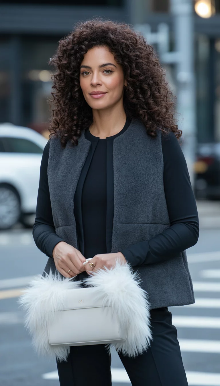 A beautiful 28-year-old woman in a black long sleeved bodysuit, a grey puffer vest, and a white furry trimmed handbag, she has voluminous curly hair.