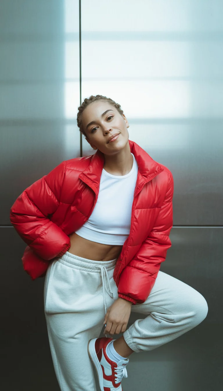 A beautiful 24-year-old woman in a bright red puffer jacket, white crop top, white sweatpants, and red and white sneakers, she poses in front of a silver wall.