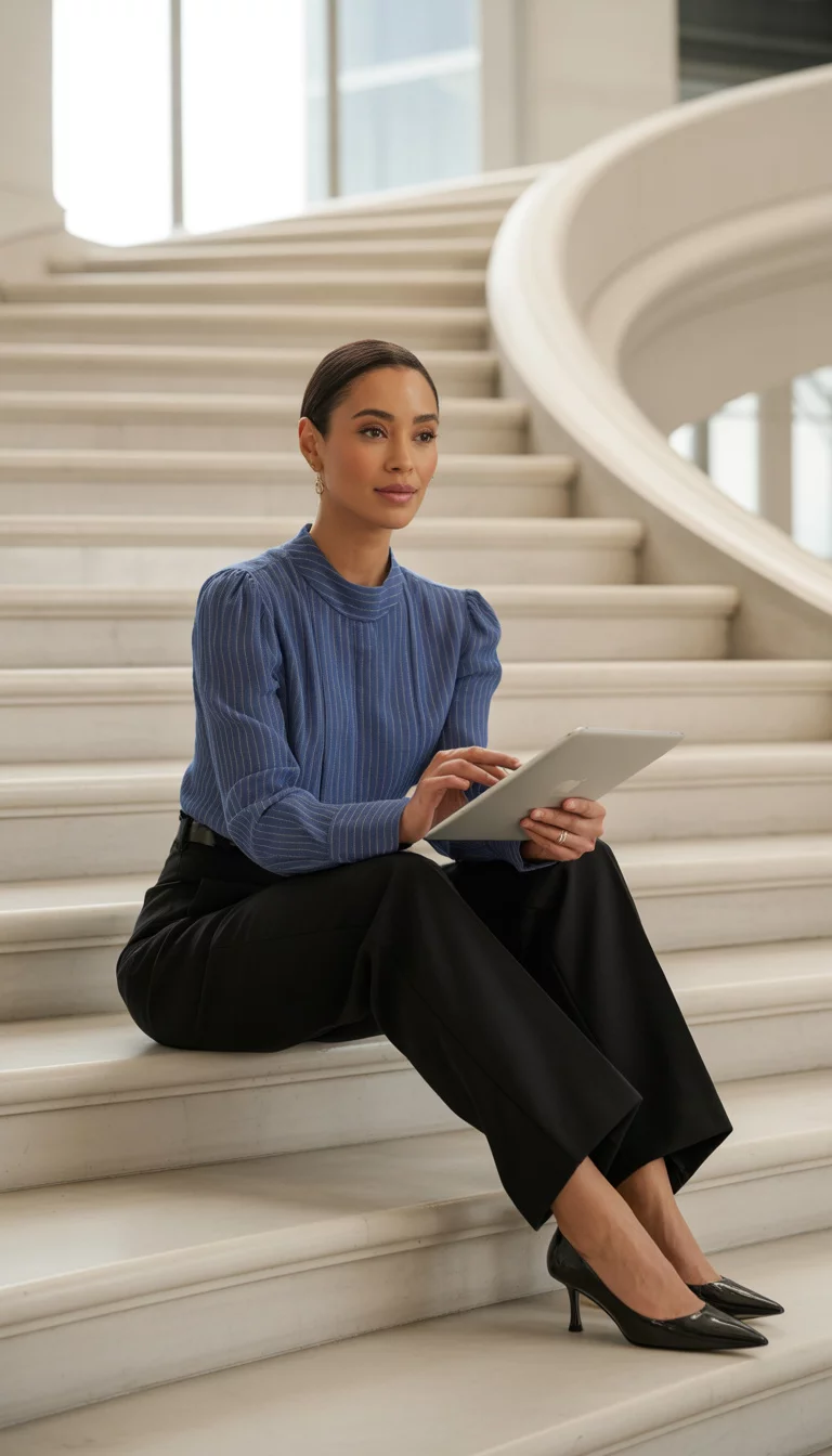 A beautiful 35-year-old woman in a blue pinstripe blouse, structured black trousers, and black pointed heels, she sits on stairs holding a silver tablet.