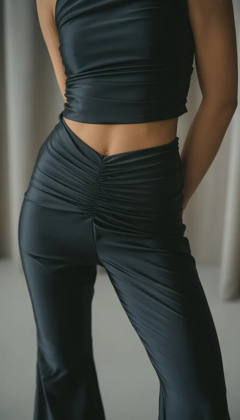 A beautiful 30-year-old woman in a black ruched V neck crop top and matching black flared pants, the image shows a close up of the fabric texture and her torso.