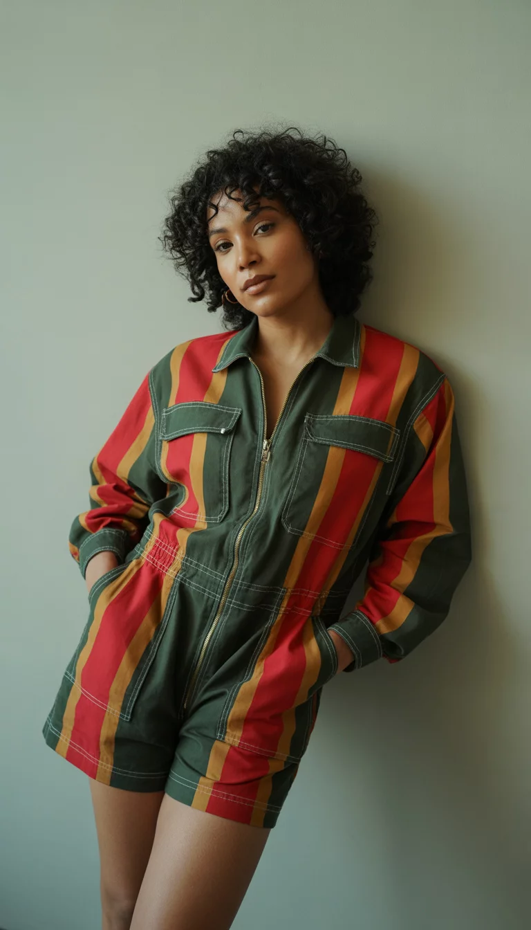 A beautiful 27-year-old woman in a dark green zippered jumpsuit with red and tan stripes, featuring large pockets and matching shorts, she poses against a neutral wall.