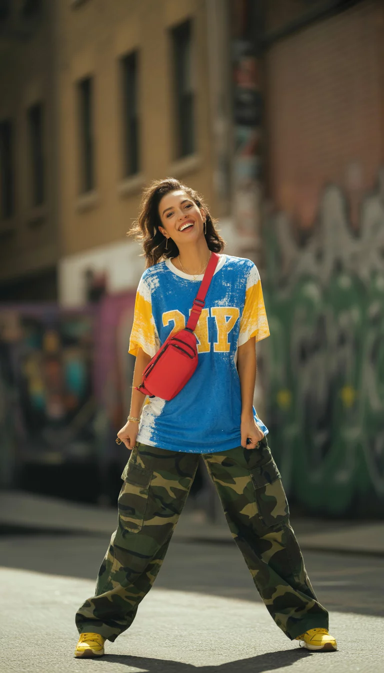 A beautiful 26-year-old woman in a distressed blue and yellow jersey top, camouflage cargo pants, yellow sneakers, and a red crossbody bag, she poses outdoors.