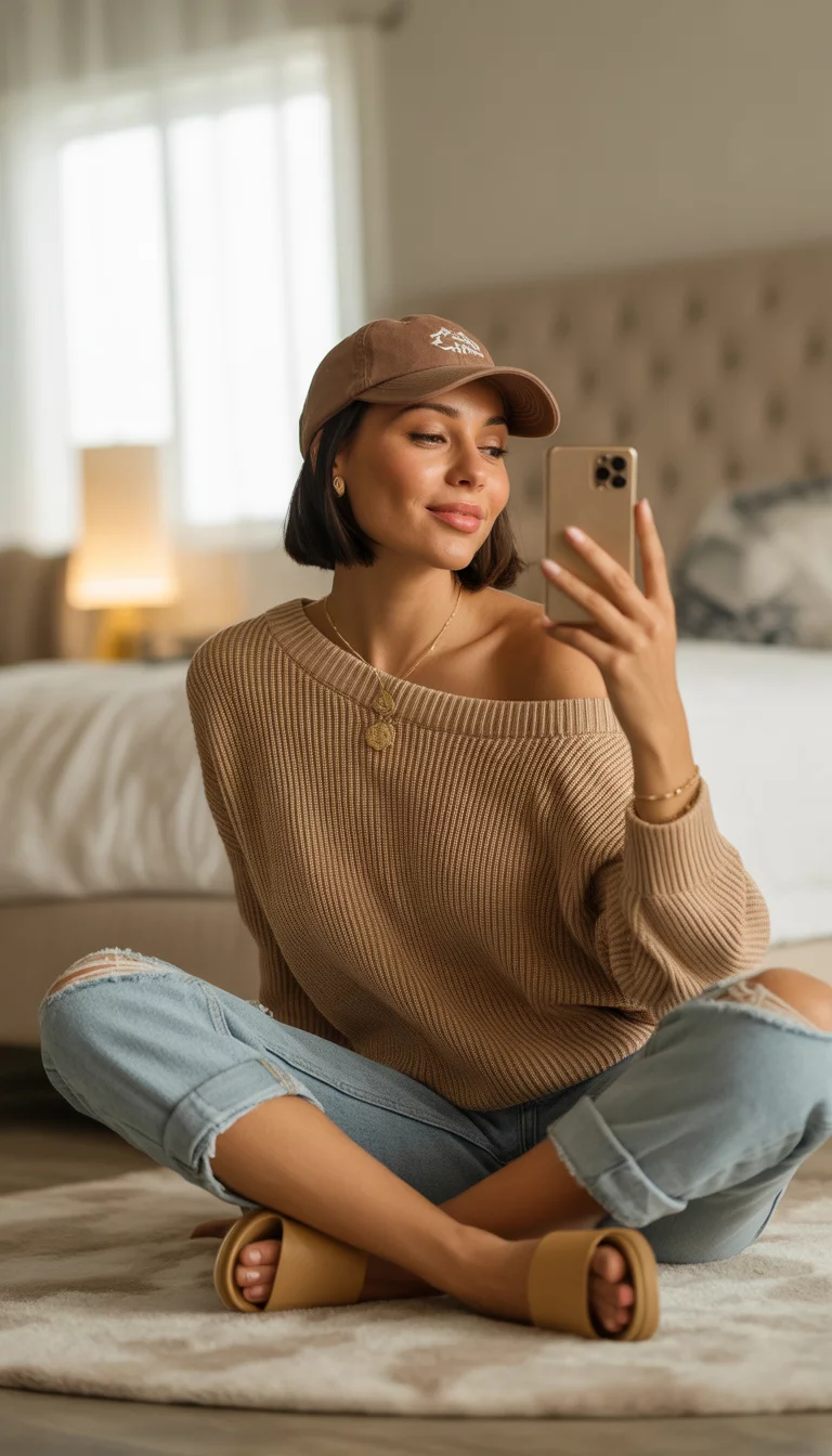 A beautiful 23-year-old woman in a tan off the shoulder sweater, ripped light blue jeans, tan slides, and a brown logo baseball cap, she takes a mirror selfie.