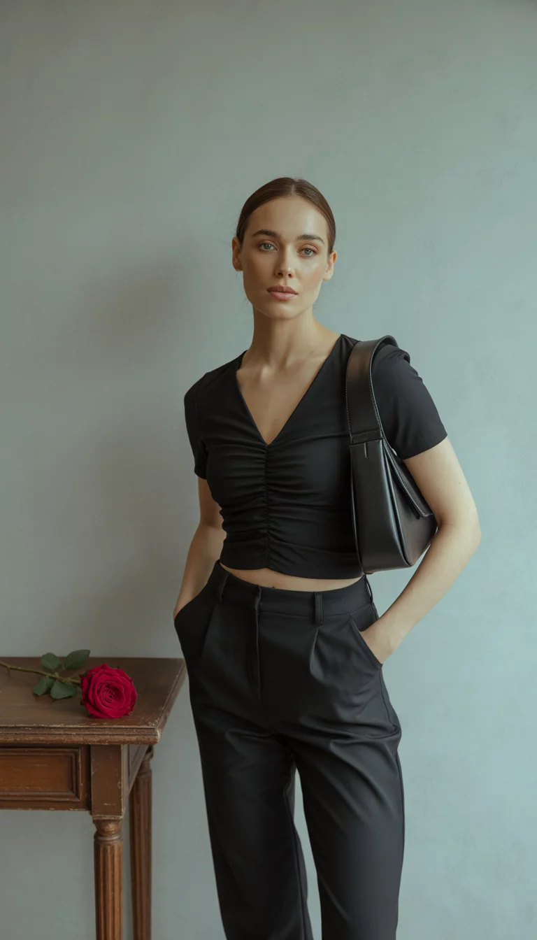 A beautiful 28-year-old woman in a black ruched V neck crop top, black high waisted flared pants, and a black leather shoulder bag, she stands against a neutral wall.