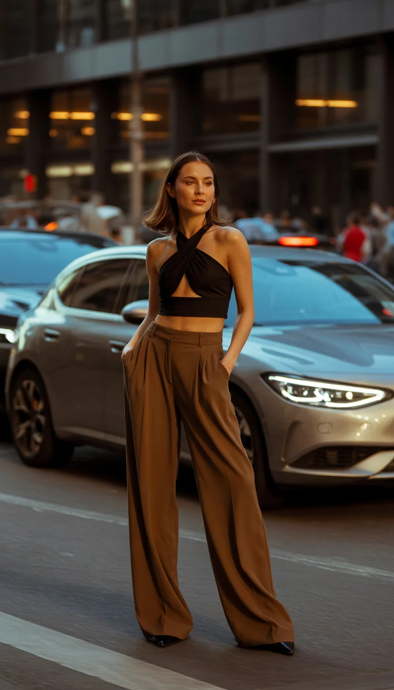 A beautiful 29-year-old woman in a black halter crop top with cutouts, and brown wide leg trousers, she poses on a city street at dusk.