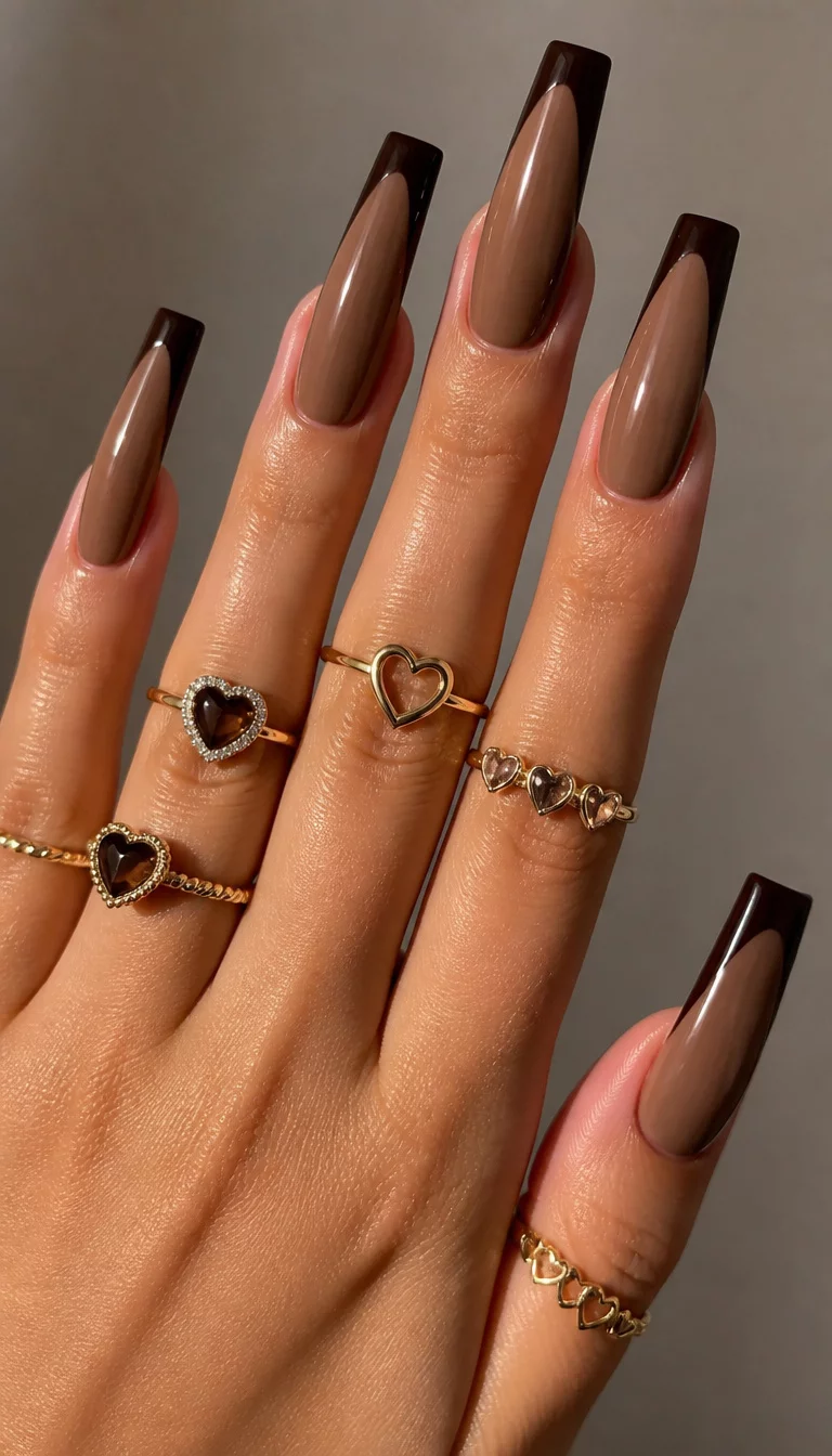 close-up shot of a woman’s hand with five fingers showing very long, square-tipped nails with a brown base and a dark brown French tip, accessorized with various heart-themed rings.