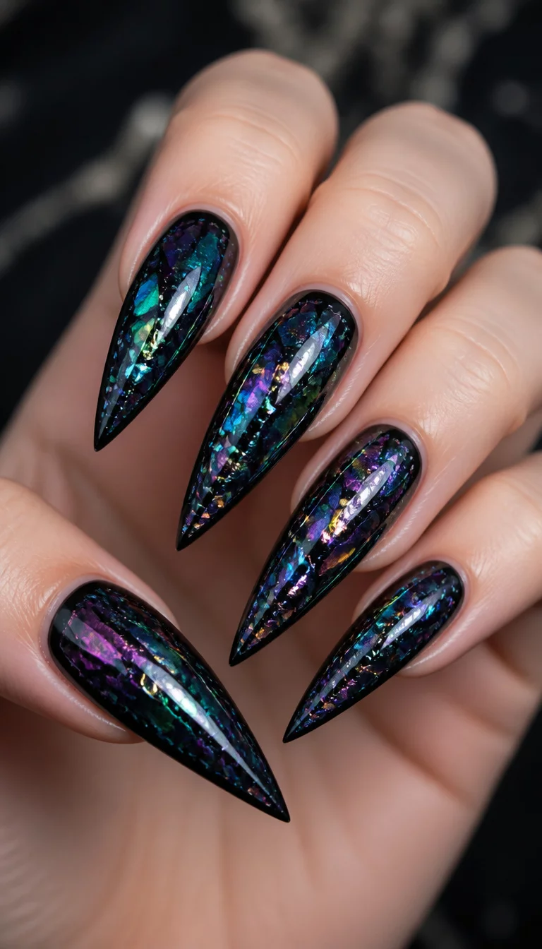 close-up shot of a woman’s hand with five fingers showing long, stiletto-shaped black nails with embedded flakes in iridescent colors, mosaic-like effect.