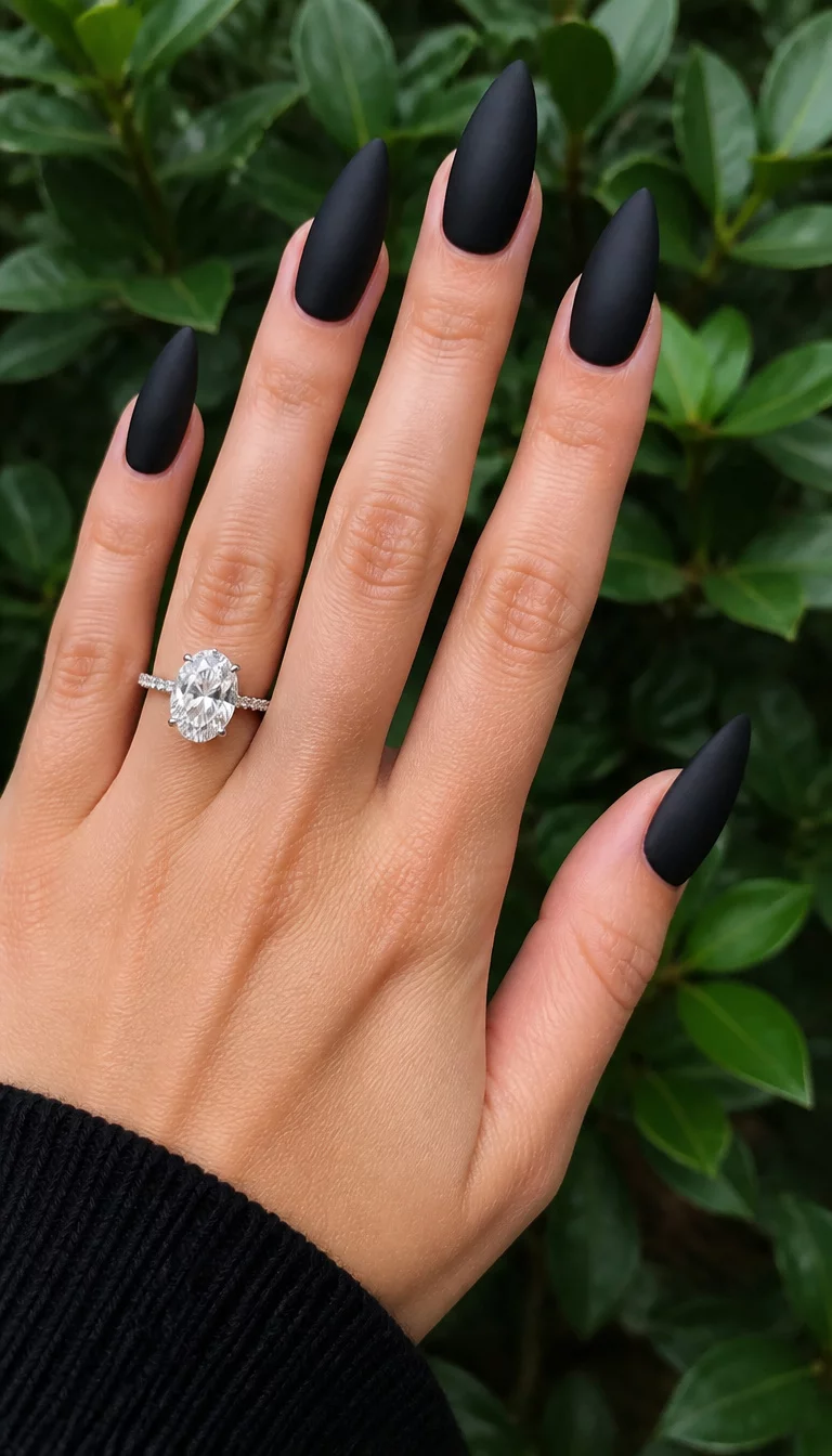 close-up shot of a woman’s hand with five fingers showing long, matte black stiletto-shaped nails, accessorized with a large oval diamond ring, green foliage background.