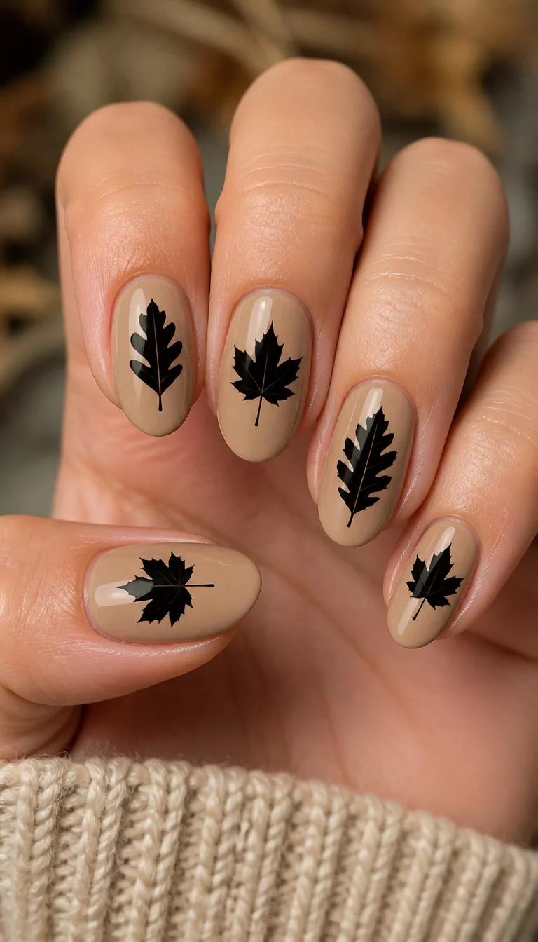 close-up shot of a woman’s hand with five fingers showing medium-length, oval nails in a light tan color, each adorned with a black silhouette of a maple or oak leaf.