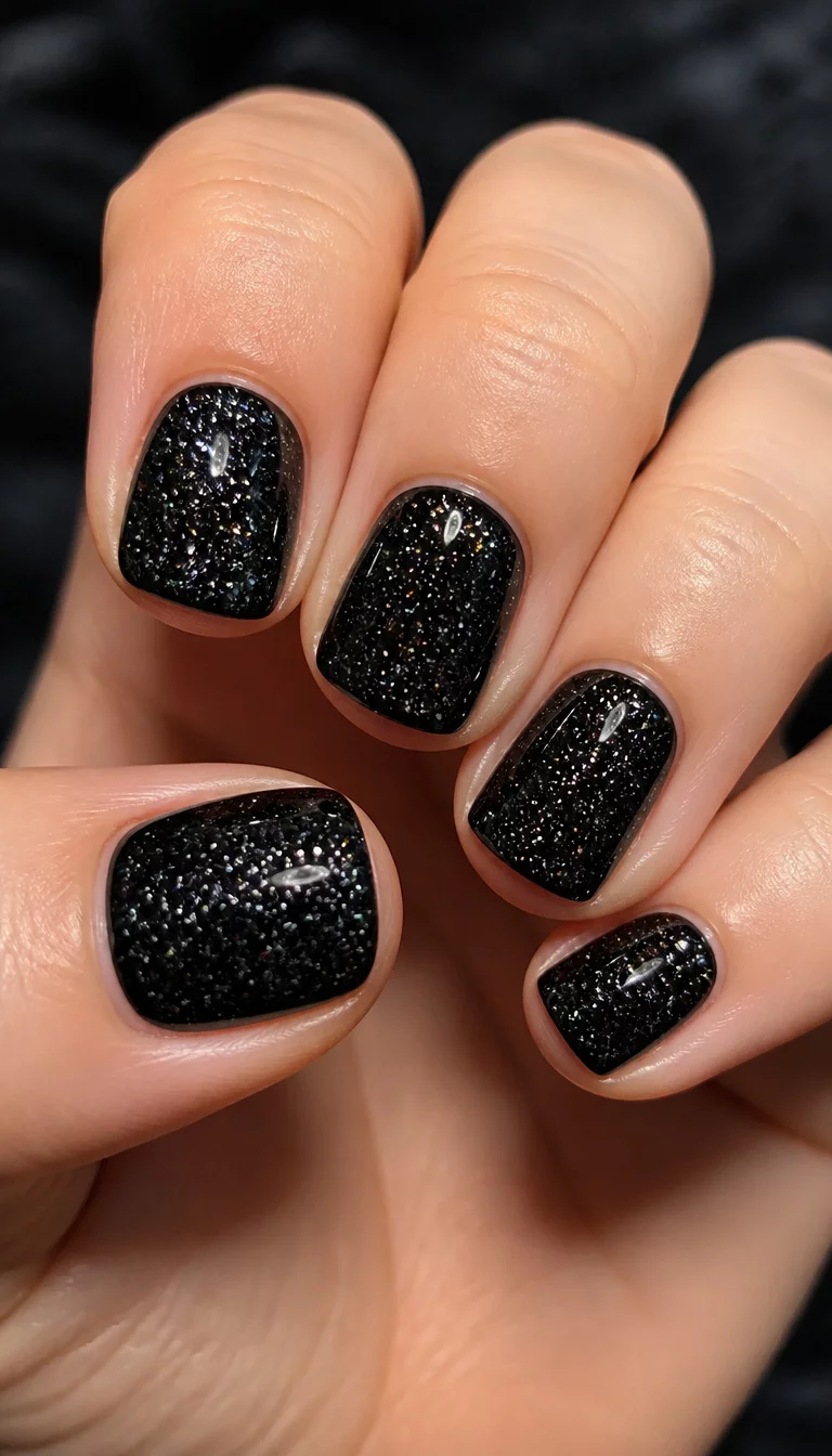 close-up shot of a woman’s hand with five fingers showing short, square-shaped nails covered in a dense black glitter polish, starry effect.