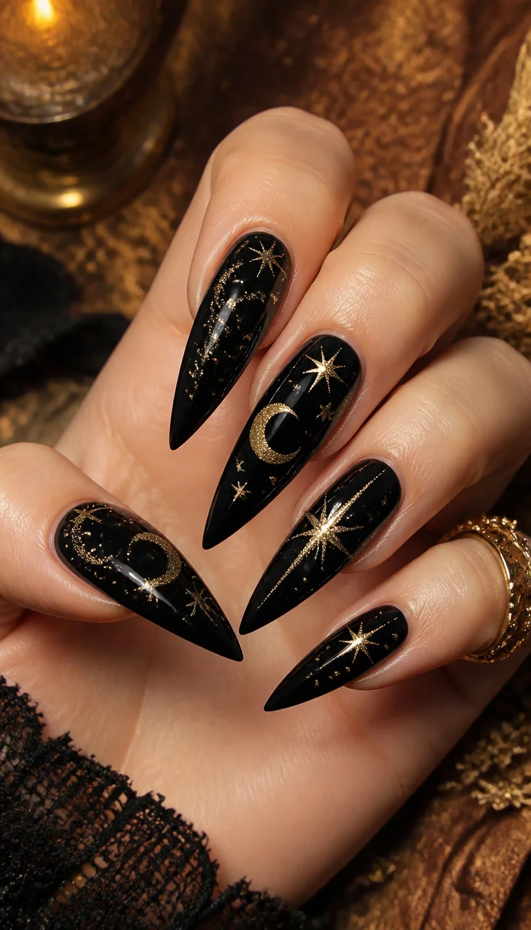 close-up shot of a woman’s hand with five fingers showing long, stiletto-shaped black nails adorned with gold glitter accents in crescent moon and star shapes, warm textured background.