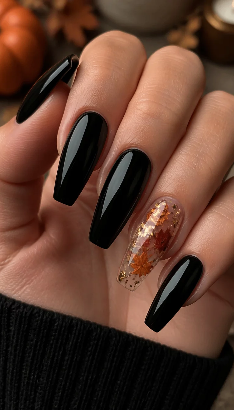 close-up shot of a woman’s hand with five fingers showing long, black coffin-shaped nails, with one accent nail featuring glitter and dried fall leaves encased in clear polish.