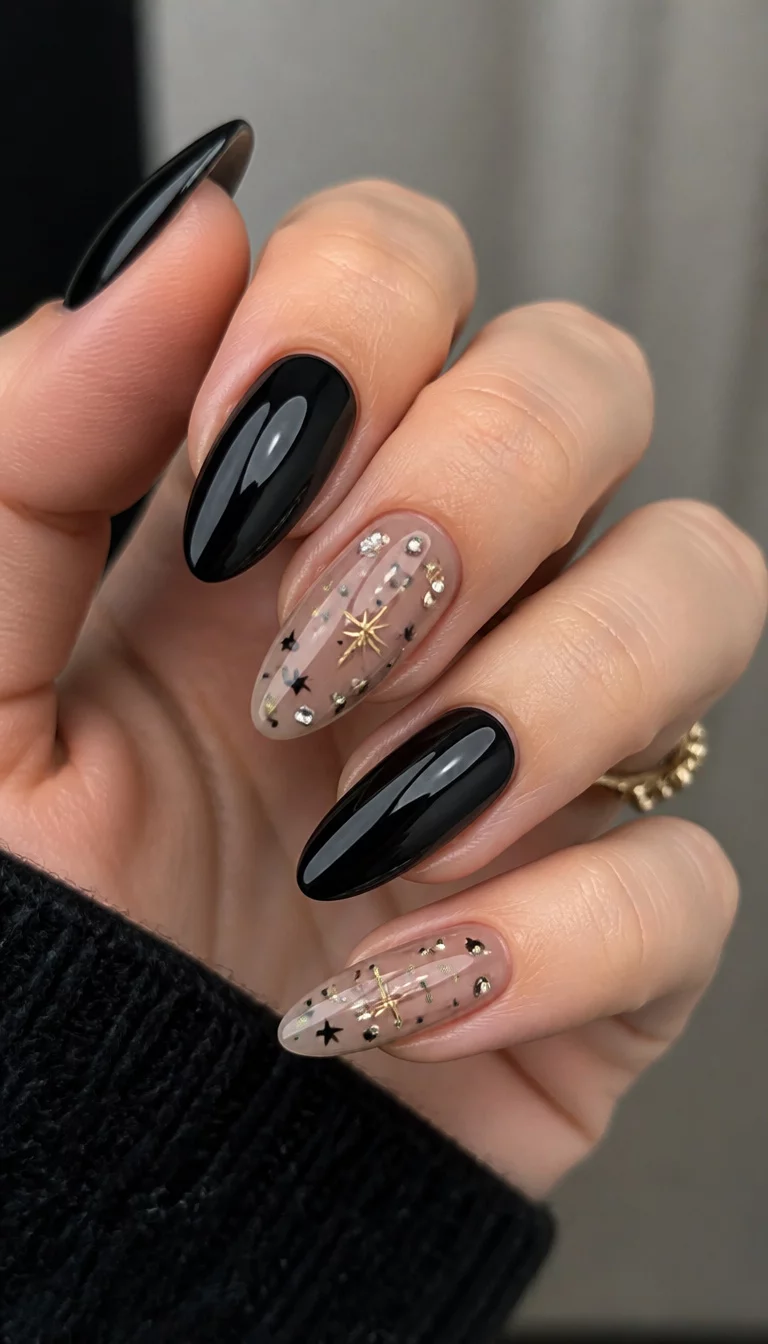 close-up shot of a woman’s hand with five fingers showing long, almond-shaped nails, mostly glossy black, with accent nails featuring a sheer neutral base adorned with tiny stars and gems.