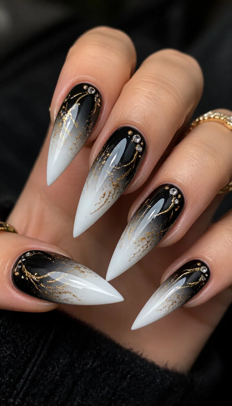 close-up shot of a woman’s hand with five fingers showing sharp, stiletto-shaped nails with a striking ombre fading from black to white, accented with gold wisps and small rhinestones.