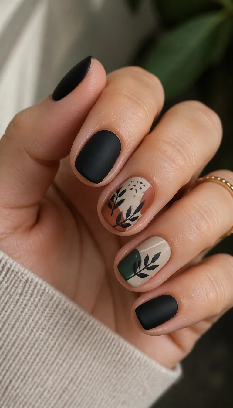 close-up shot of a woman’s hand with five fingers showing short, matte black nails, with accent nails featuring abstract art with beige, rust, and green leaf motifs.
