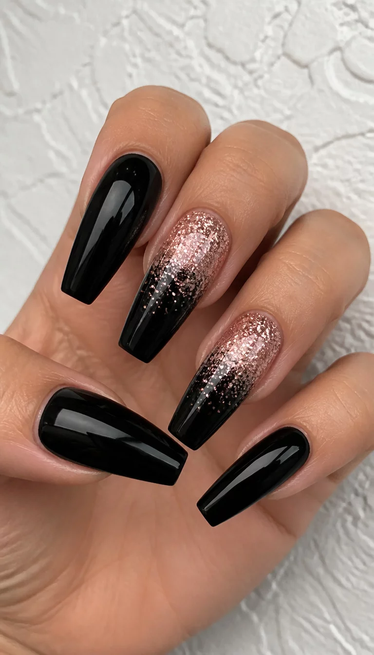 close-up shot of a woman’s hand with five fingers showing long, coffin-shaped nails, mostly in glossy black, with two accent nails featuring pinky-gold glitter ombre, textured white surface background.
