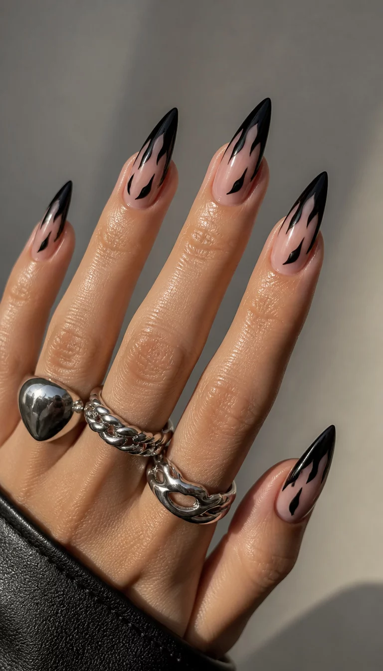 close-up shot of a woman’s hand with five fingers showing long, stiletto-shaped nails with a sheer base and abstract black flame-like tips, chunky silver rings.