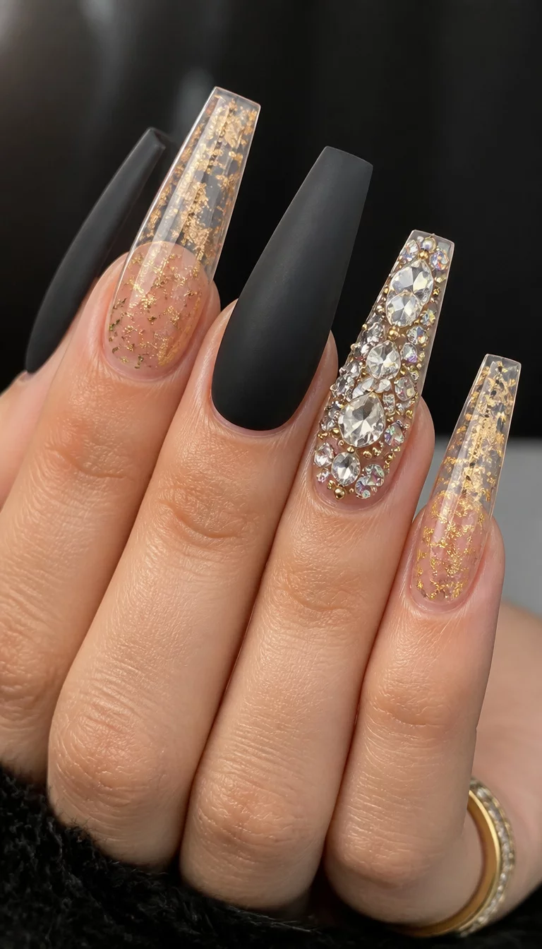 close-up shot of a woman’s hand with five fingers showing long, coffin-shaped nails, some are matte black, others are clear with embedded gold leaves, one features a large cluster of rhinestones.