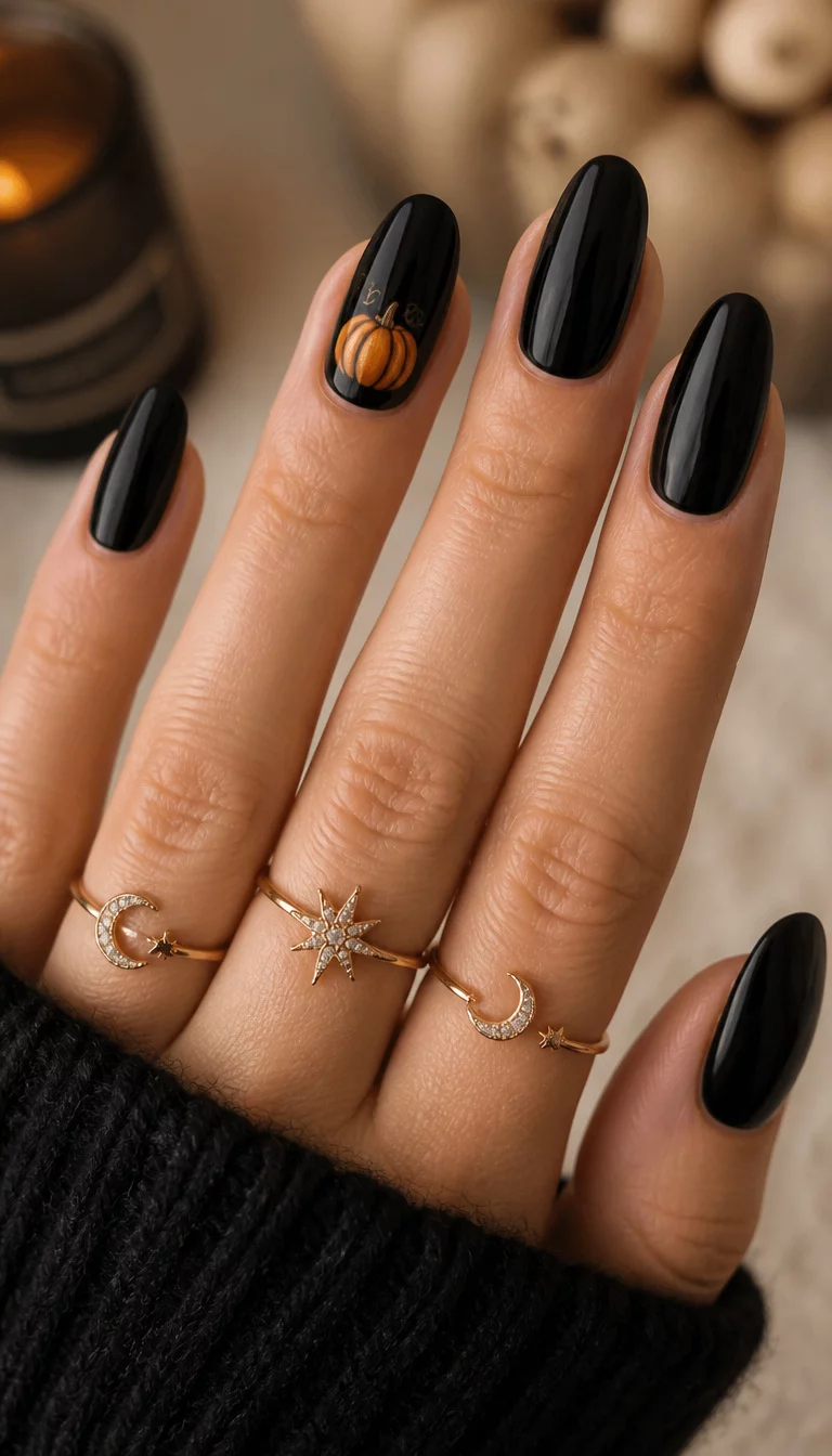 close-up shot of a woman’s hand with five fingers showing long, oval-shaped black nails, with one accent nail featuring a small pumpkin graphic, woman wears delicate star and moon rings.