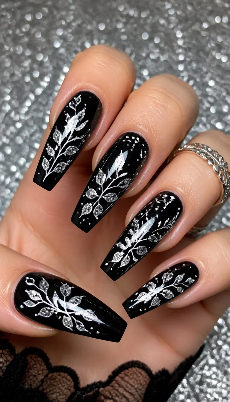 close-up shot of a woman’s hand with five fingers showing long, black coffin-shaped nails adorned with intricate white leaf and vine designs, sparkly silver background.