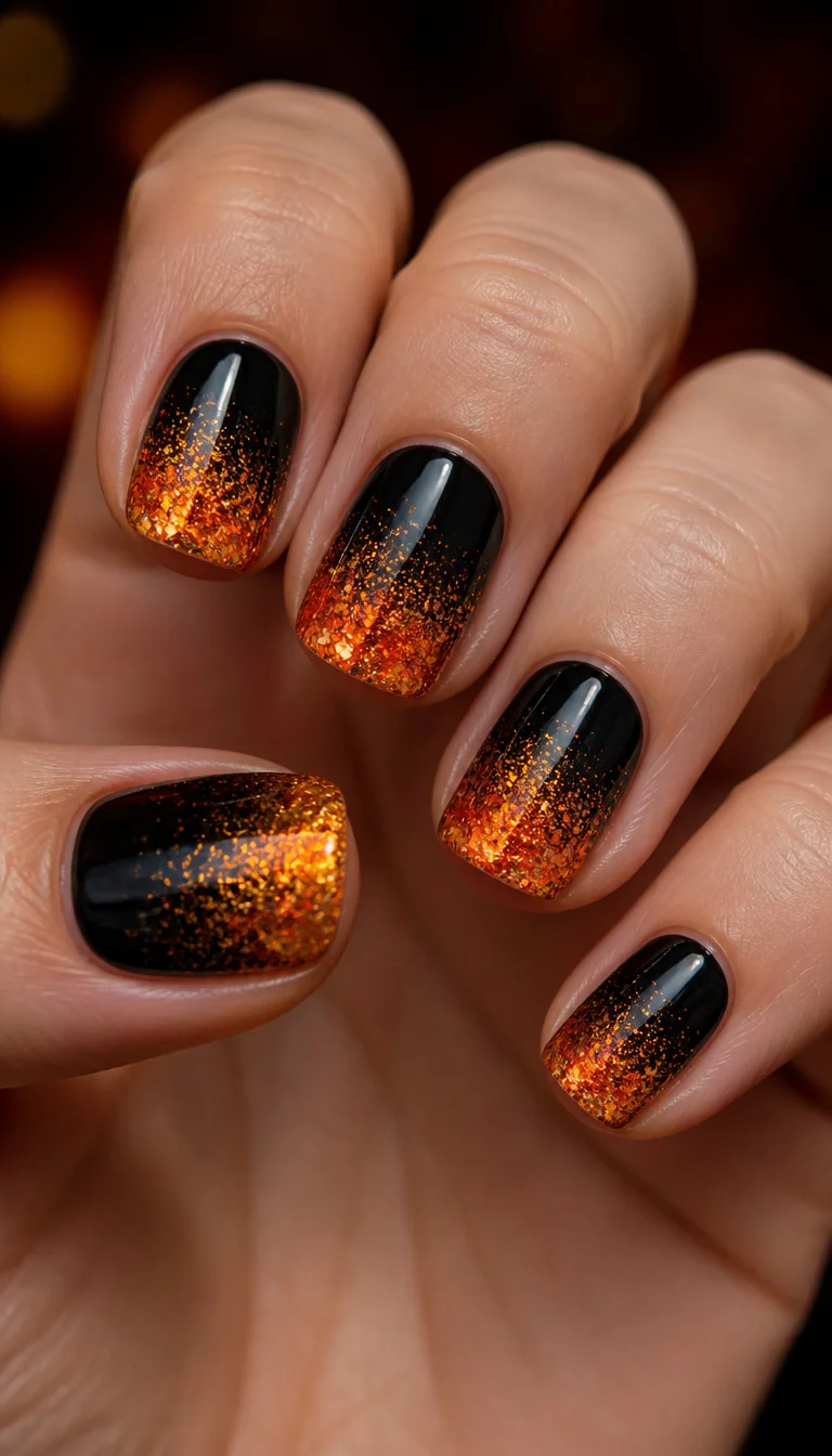 close-up shot of a woman’s hand with five fingers showing short, glossy black nails with a gradient of sparkly orange and gold glitter from the tips down, reminiscent of fire.
