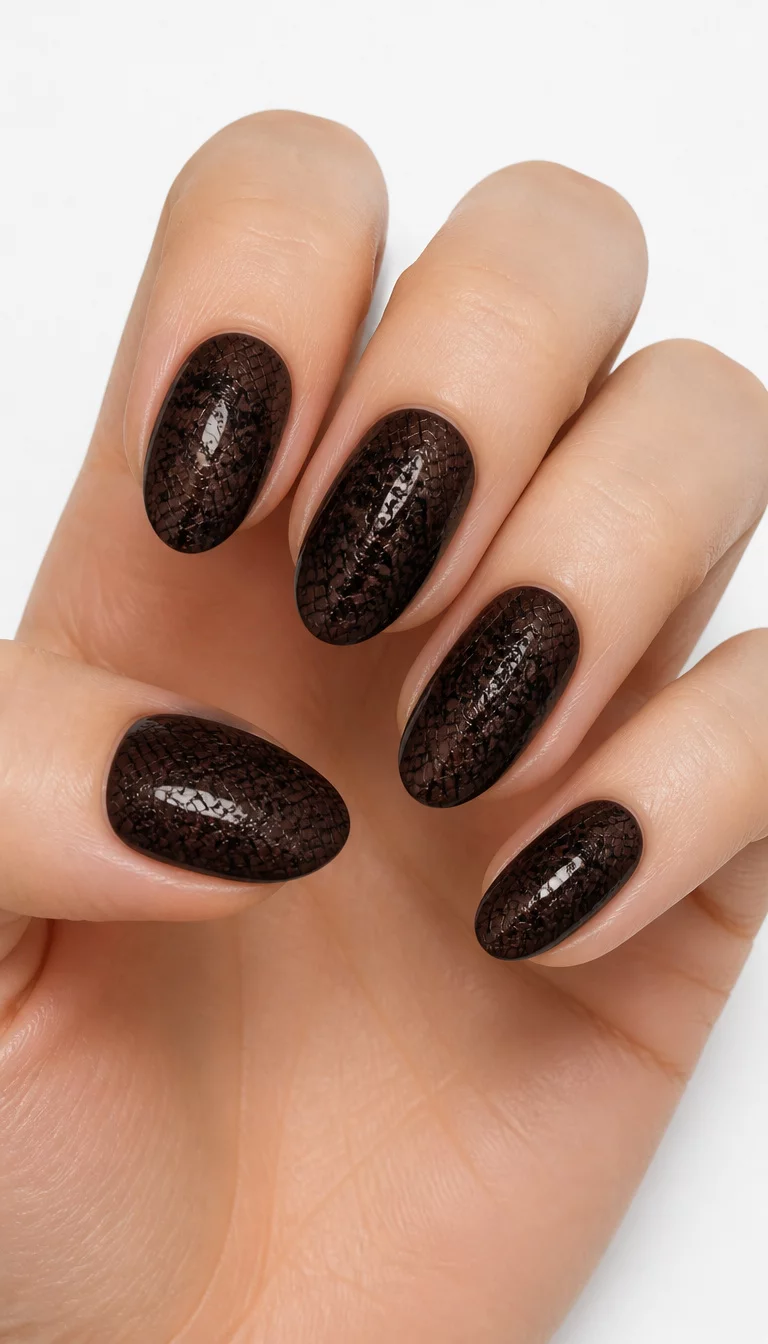 Gothic Lace Brown Tones close-up shot of a woman’s hand with five fingers showing nails with oval-shaped, dark brown nails with a gothic lace pattern, white surface background.