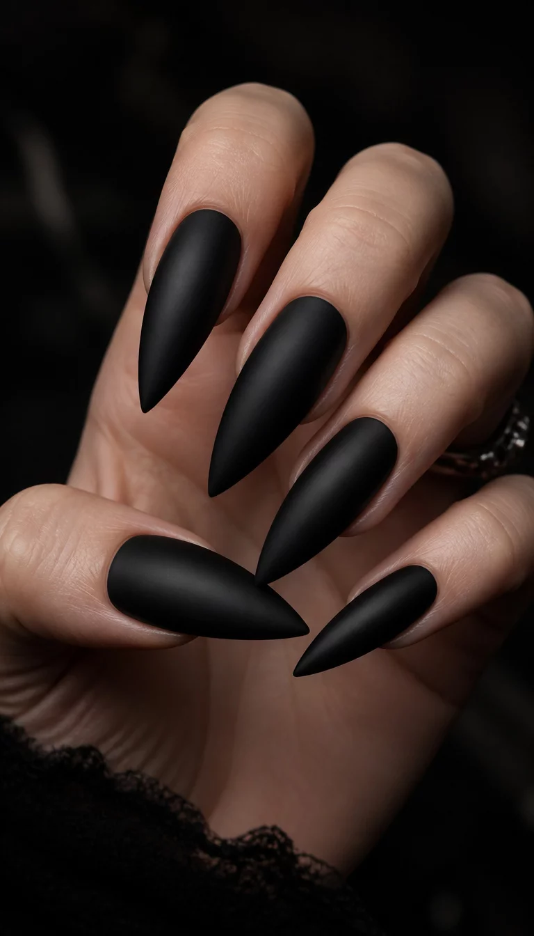 Matte Stiletto Drama close-up shot of a woman’s hand with five fingers showing nails with stiletto-shaped, matte black nails, dark and out of focus background.