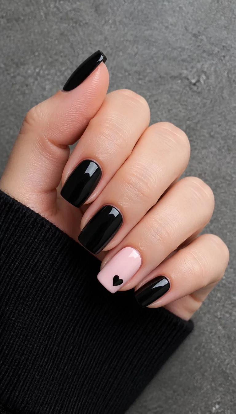 Pink Heart Accent Nails close-up shot of a woman’s hand with five fingers showing nails with square-shaped nails where most are glossy black and one accent nail is pale pink with a small black heart, textured gray surface.