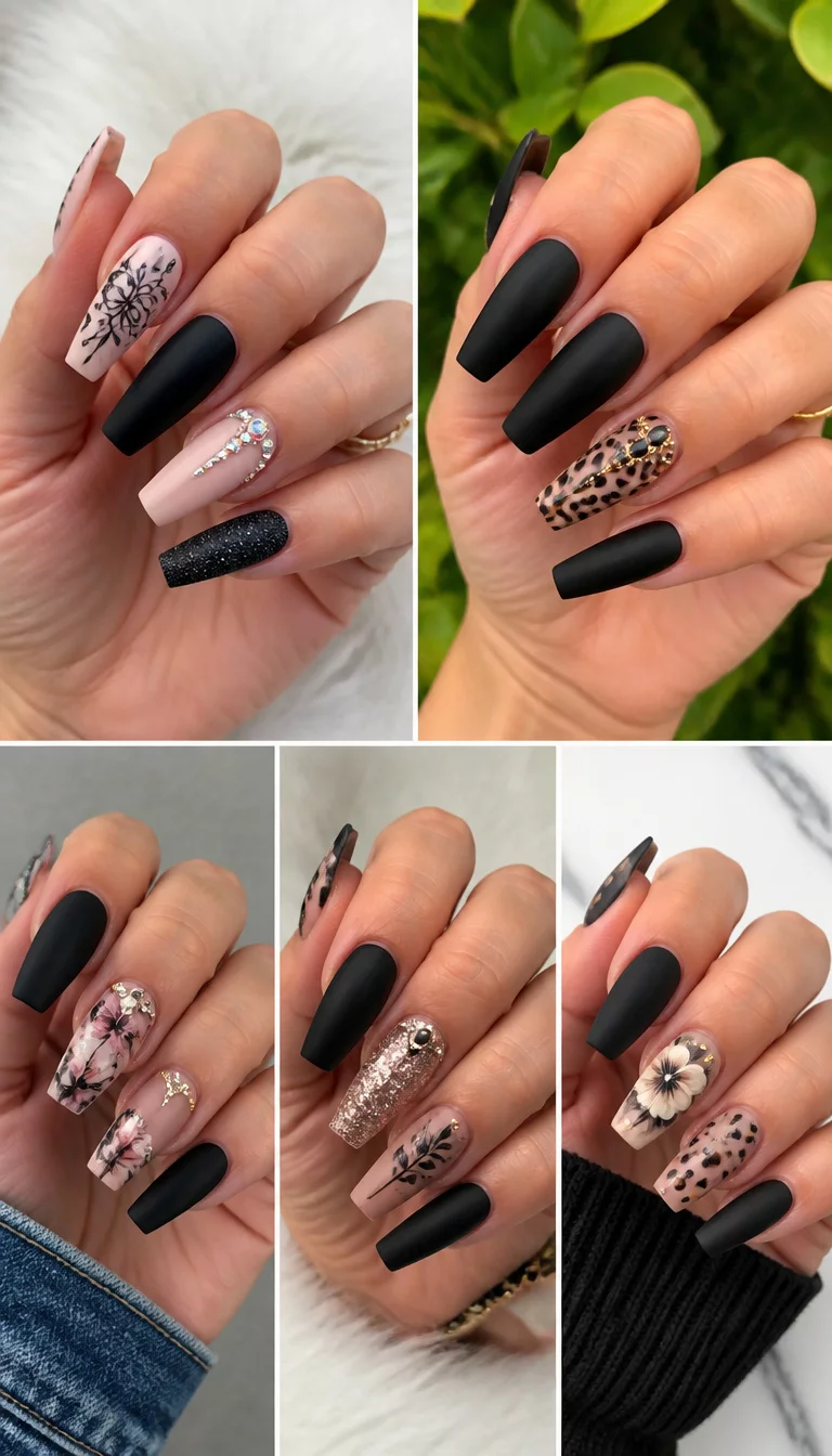 The Ultimate Variety Collage close-up shot of a woman’s hand with five fingers showing nails with a variety of designs including floral accents, matte black coffin shapes, gems, and cheetah print, varied backgrounds.
